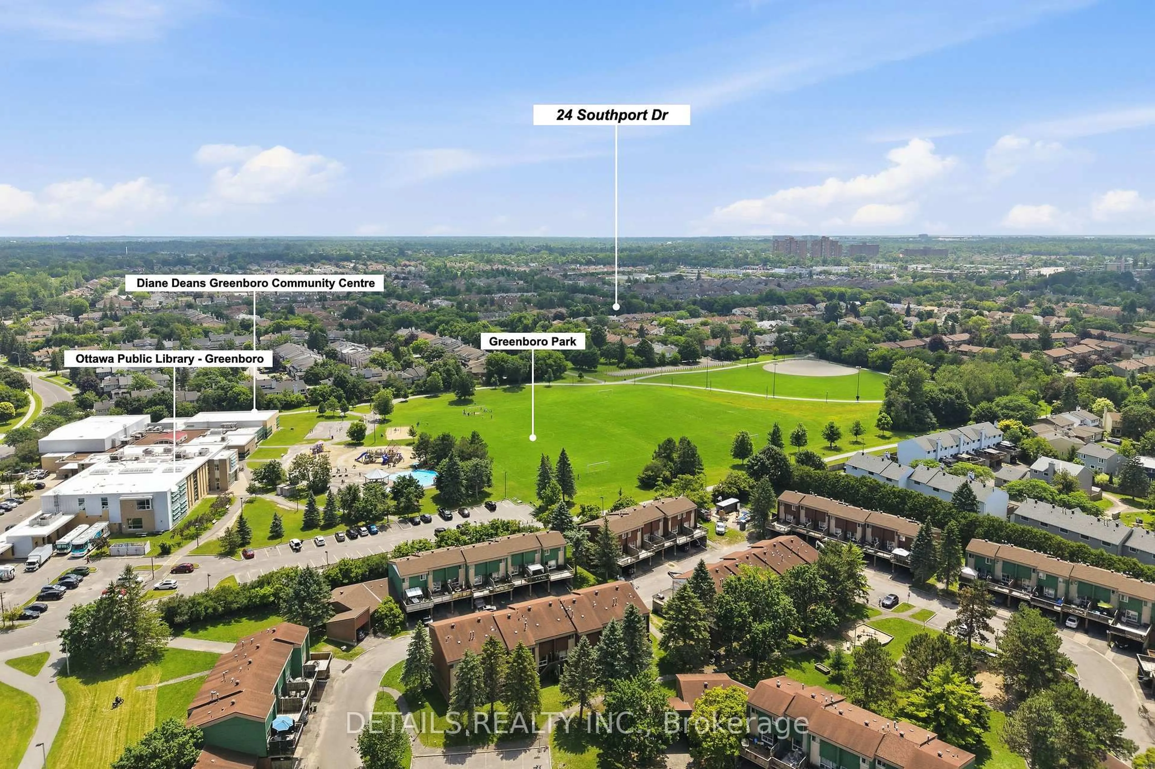 A pic from outside/outdoor area/front of a property/back of a property/a pic from drone, city buildings view from balcony for 24 Southport Dr, Ottawa Ontario K1T 3E7