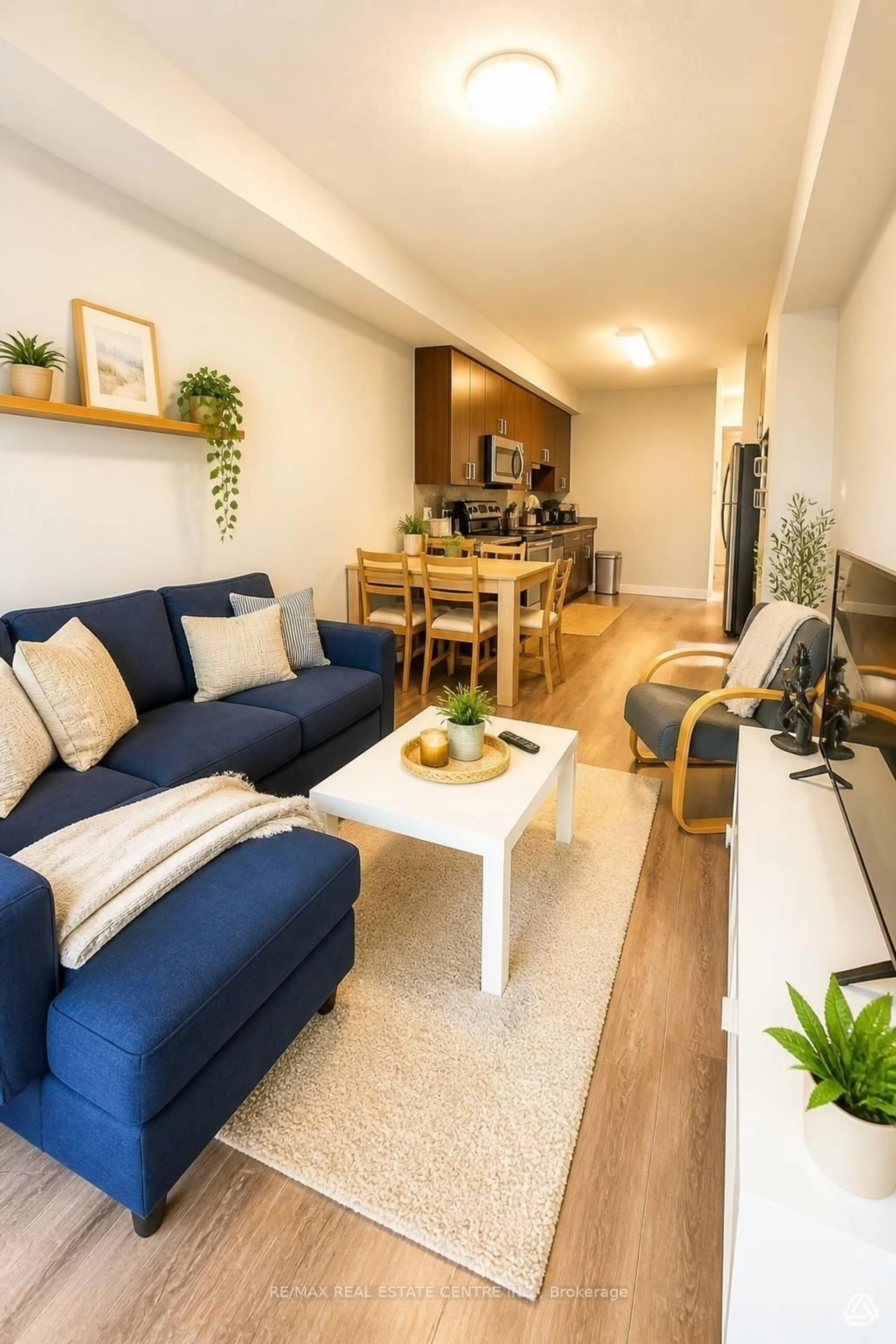 Living room with furniture, wood/laminate floor for 62 Balsam St #B408, Waterloo Ontario N2L 3H2