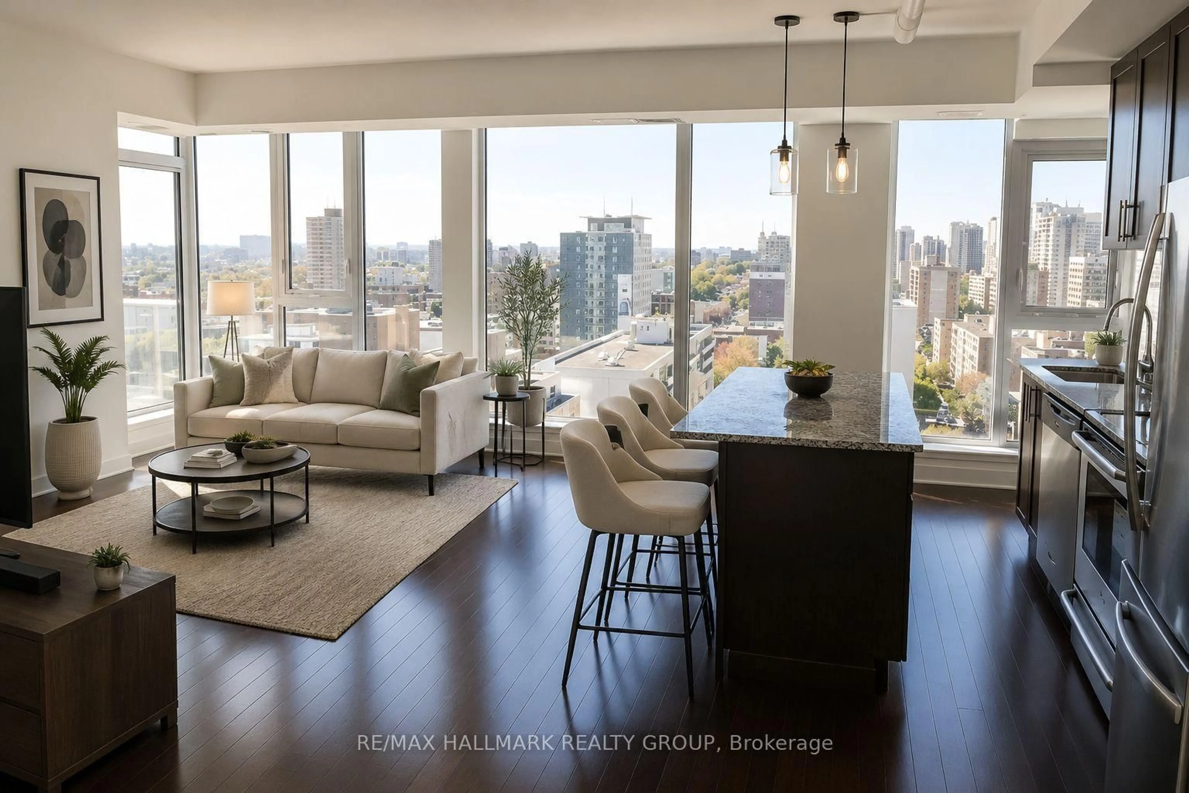 Living room with furniture, wood/laminate floor for 179 METCALFE St #1509, Ottawa Ontario K2P 0W1