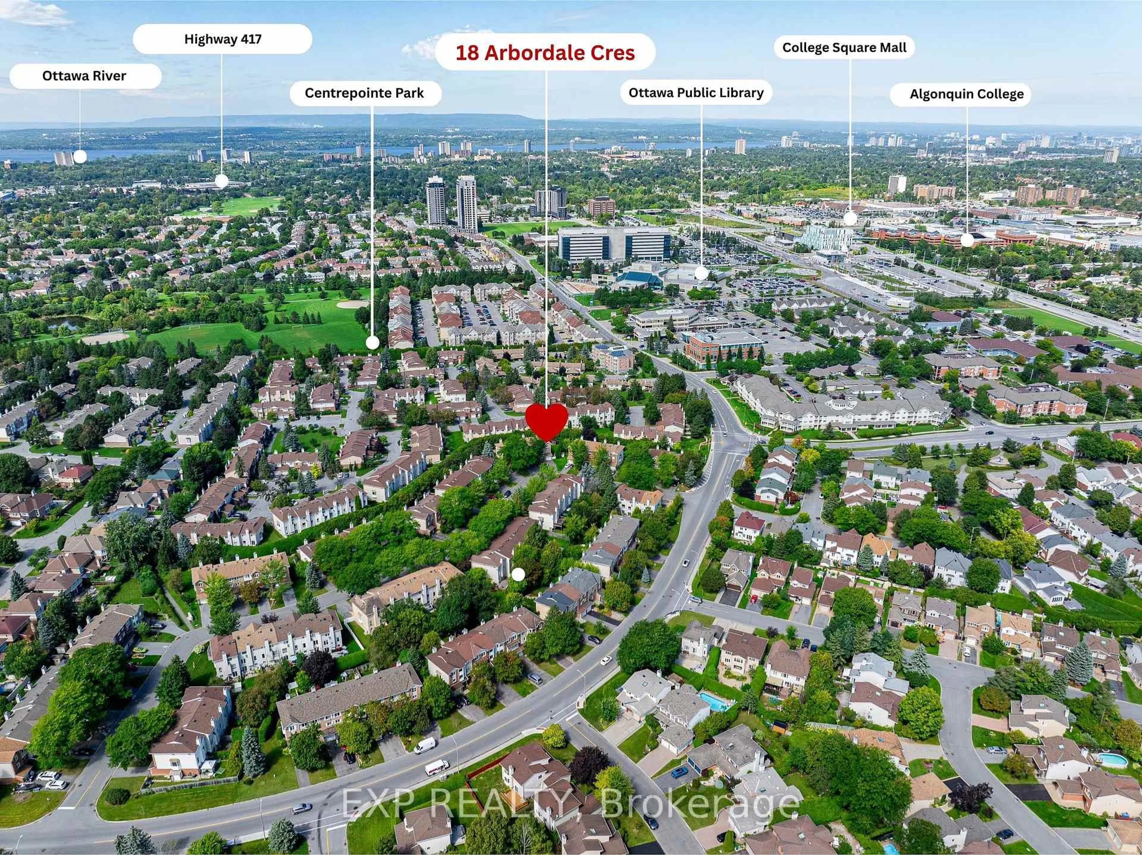 A pic from outside/outdoor area/front of a property/back of a property/a pic from drone, city buildings view from balcony for 18 Arbordale Cres, Ottawa Ontario K2G 5C6