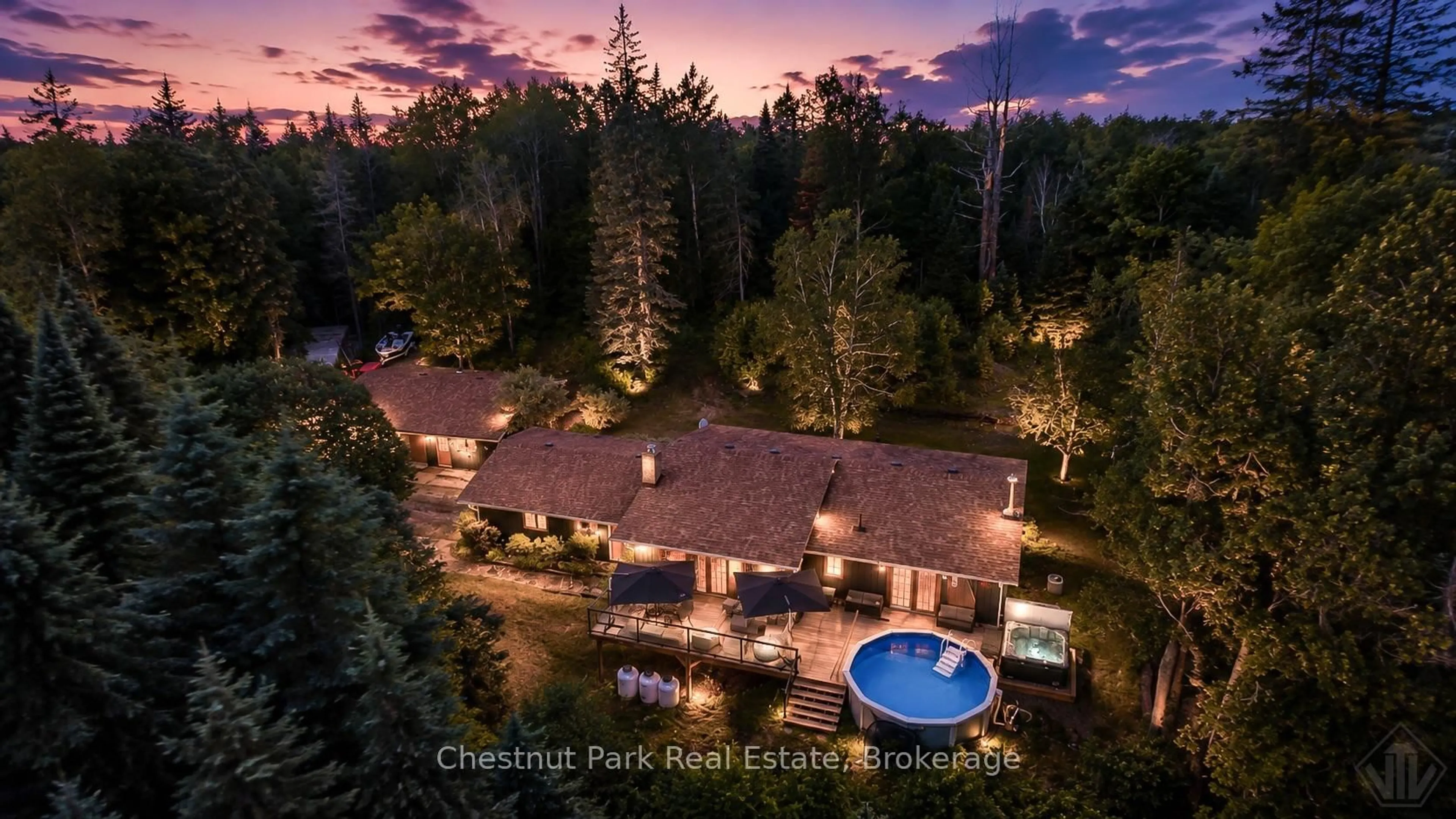 A pic from outside/outdoor area/front of a property/back of a property/a pic from drone, water/lake/river/ocean view for 802 Williamsport Rd, Huntsville Ontario P1H 2J4