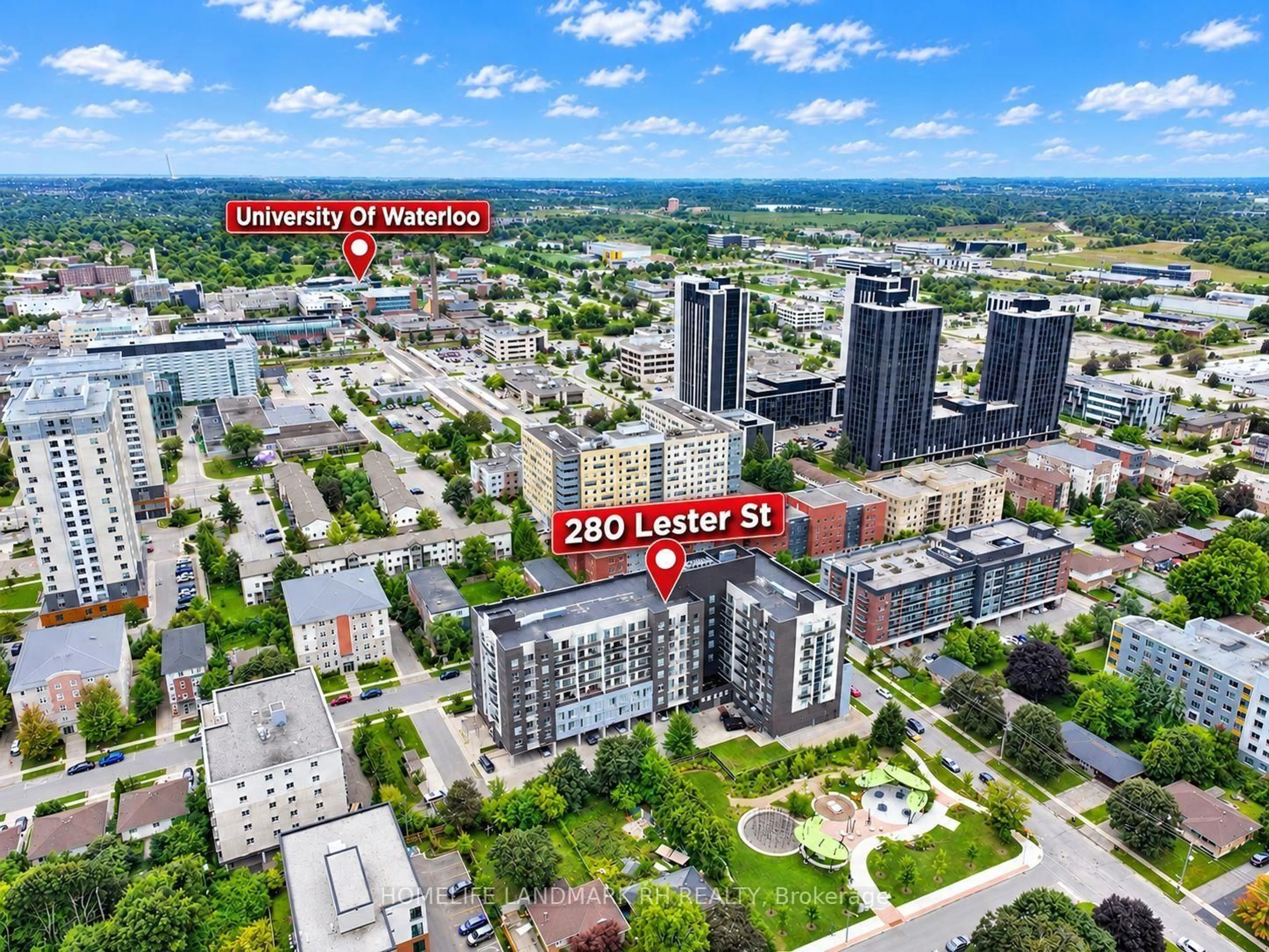 A pic from outside/outdoor area/front of a property/back of a property/a pic from drone, city buildings view from balcony for 280 Lester St #210, Waterloo Ontario N2L 0G2