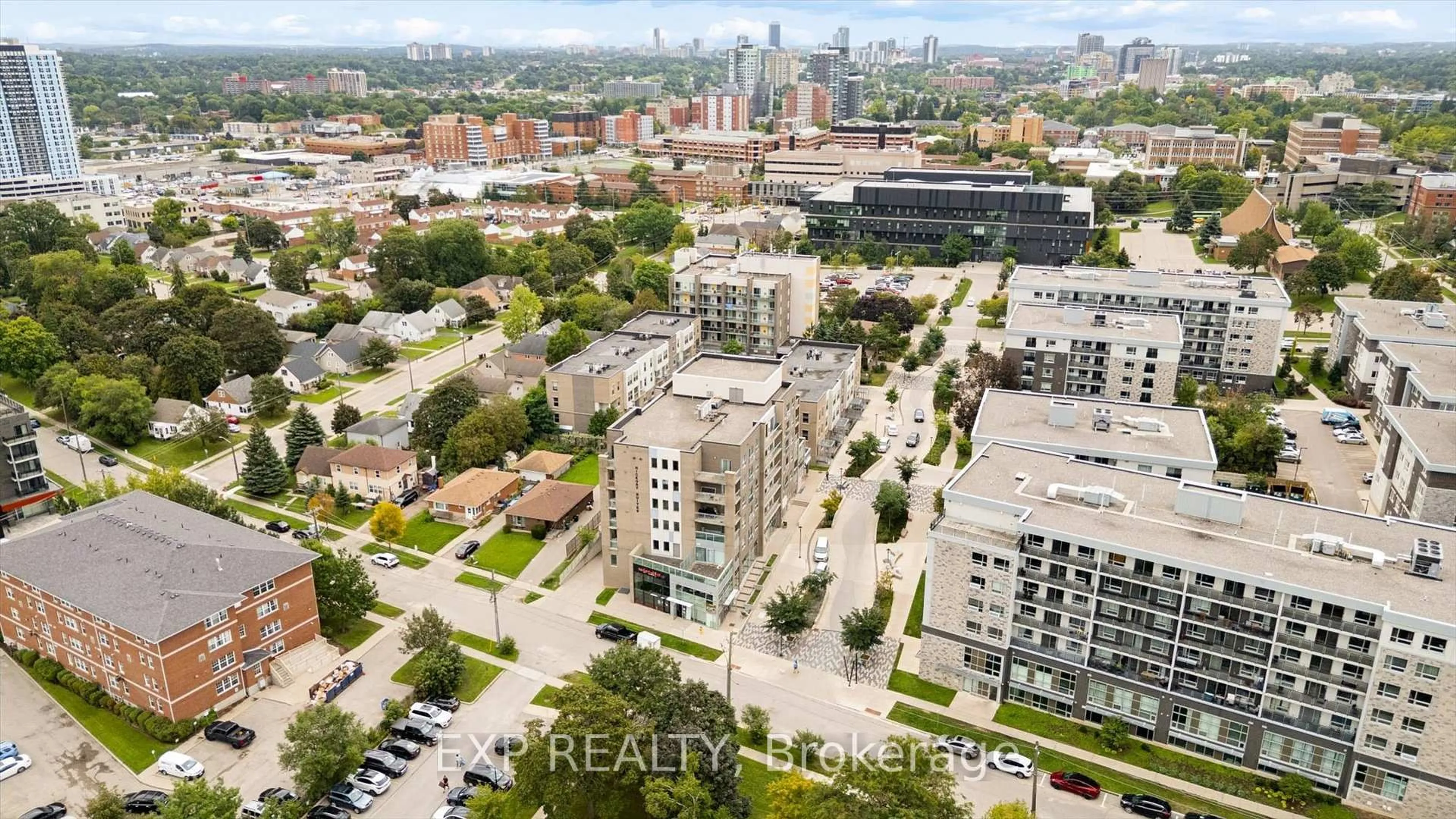 A pic from outside/outdoor area/front of a property/back of a property/a pic from drone, city buildings view from balcony for 62 Balsam St #H204, Waterloo Ontario N2L 3H2