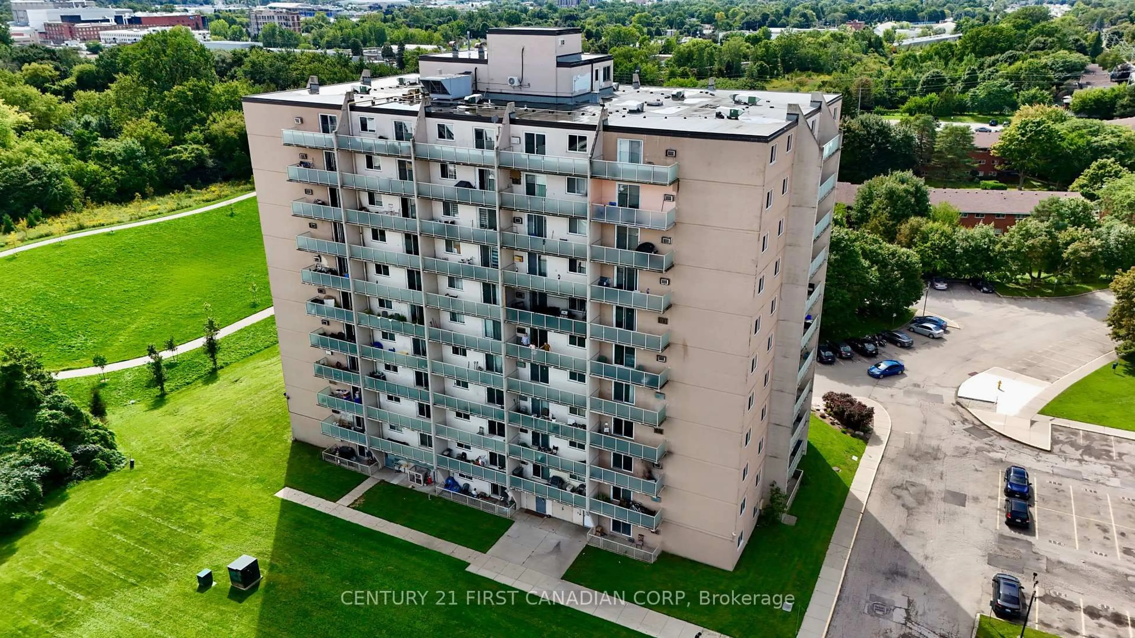 A pic from outside/outdoor area/front of a property/back of a property/a pic from drone, city buildings view from balcony for 573 Mornington Ave #1107, London East Ontario N5Y 4T9