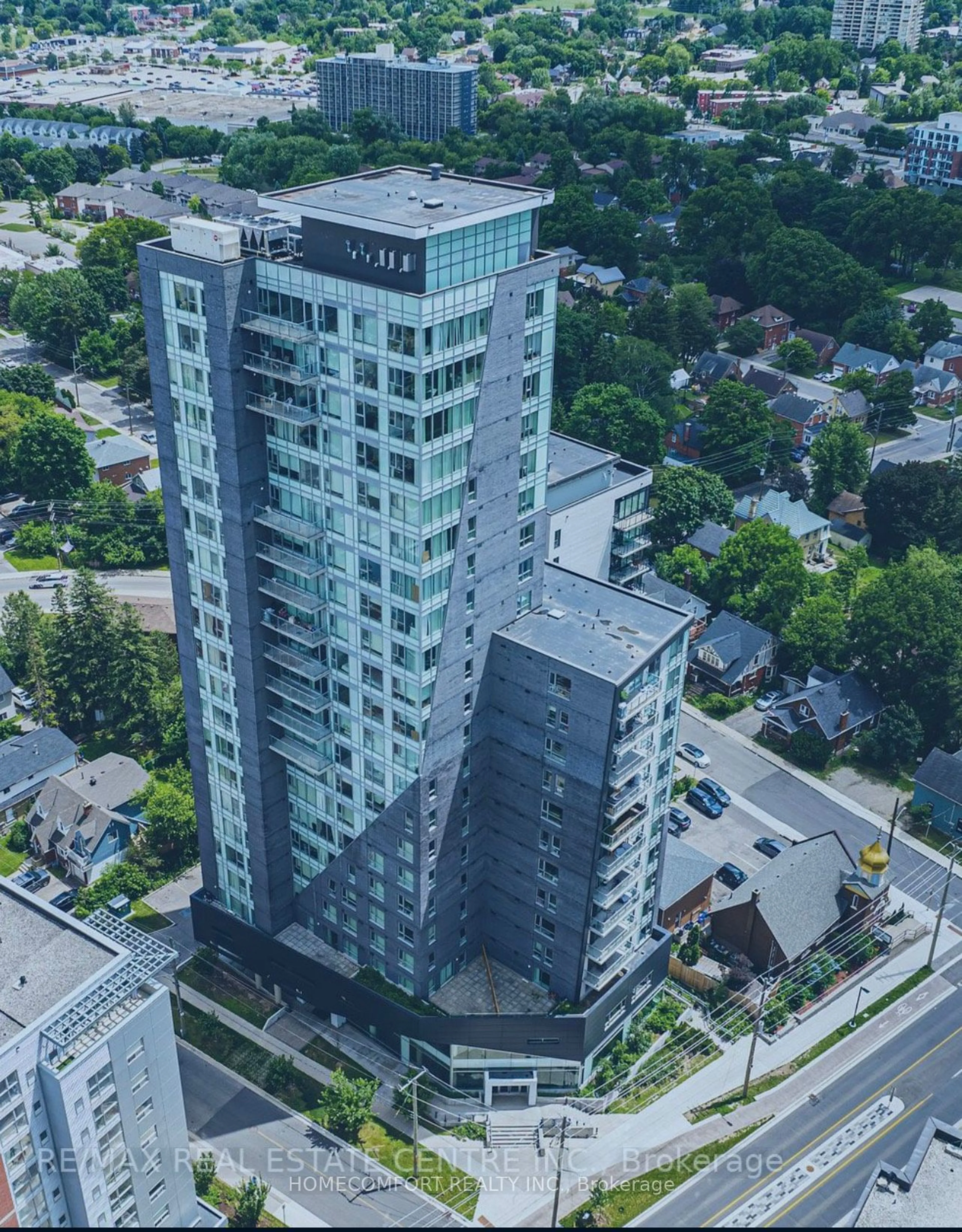 A pic from outside/outdoor area/front of a property/back of a property/a pic from drone, city buildings view from balcony for 158 King St #708, Waterloo Ontario N2J 2Y2