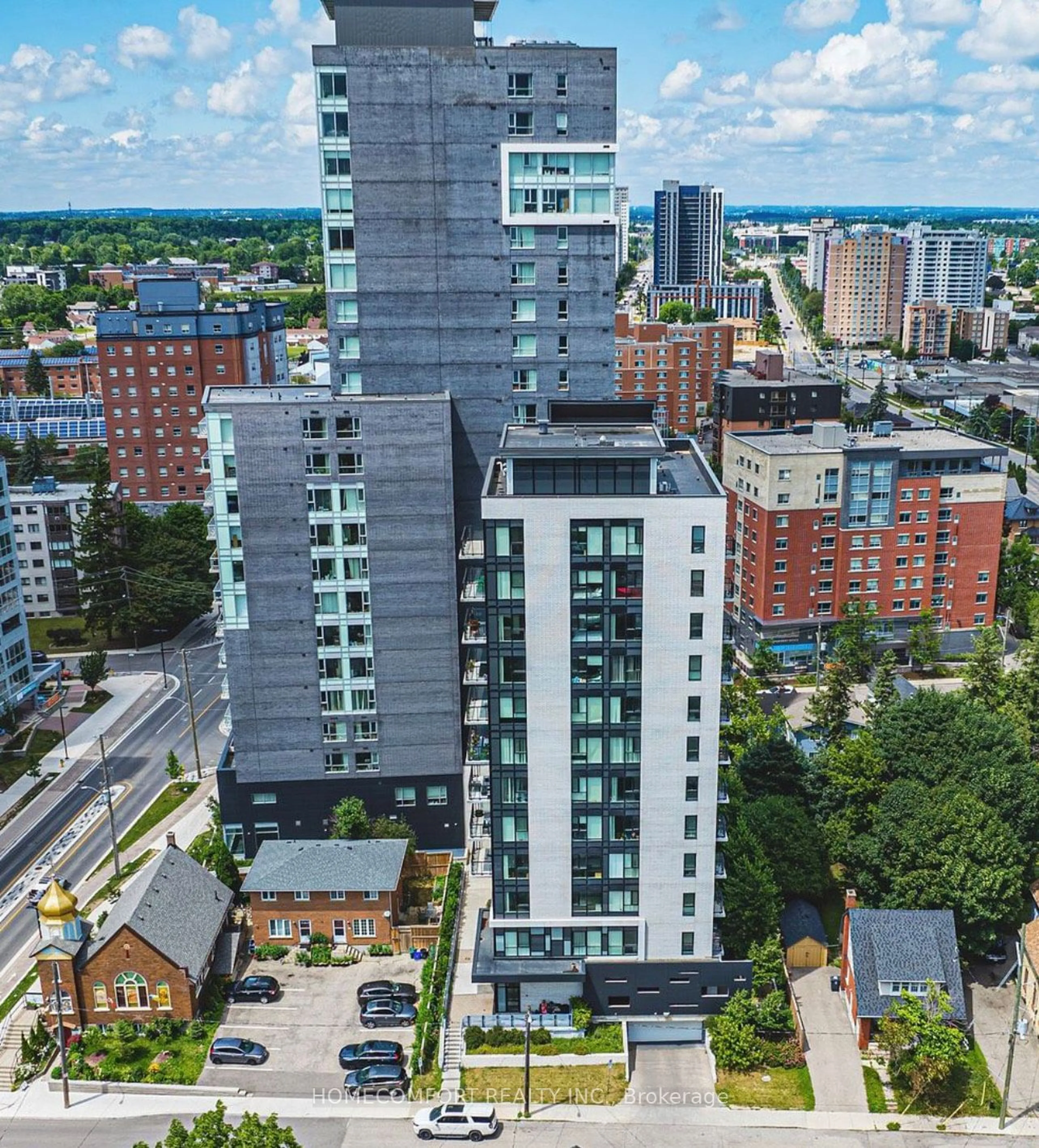 A pic from outside/outdoor area/front of a property/back of a property/a pic from drone, city buildings view from balcony for 158 King St #708, Waterloo Ontario N2J 2Y2