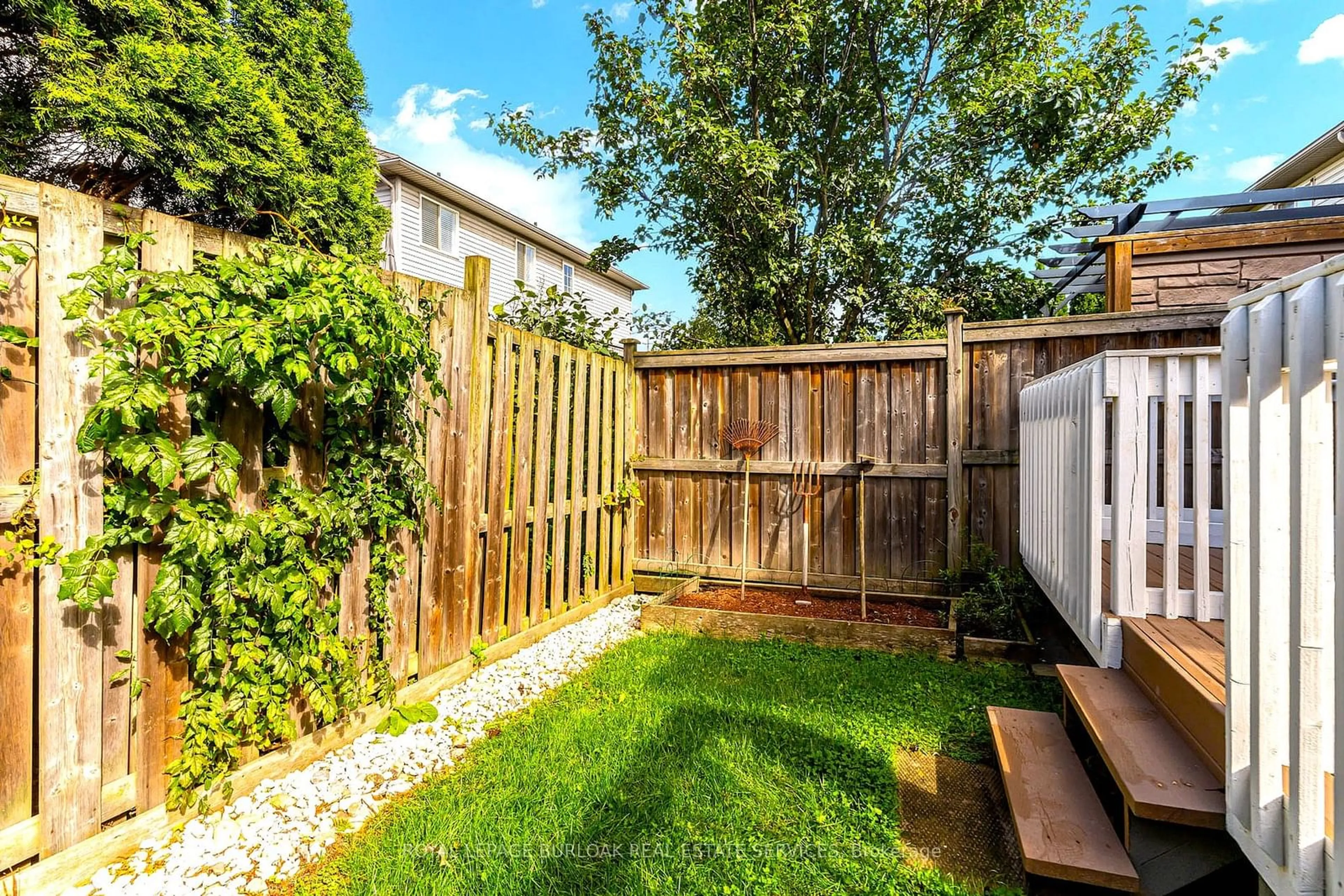 Patio, the fenced backyard for 49 Morwick Dr, Hamilton Ontario L9G 4Y4