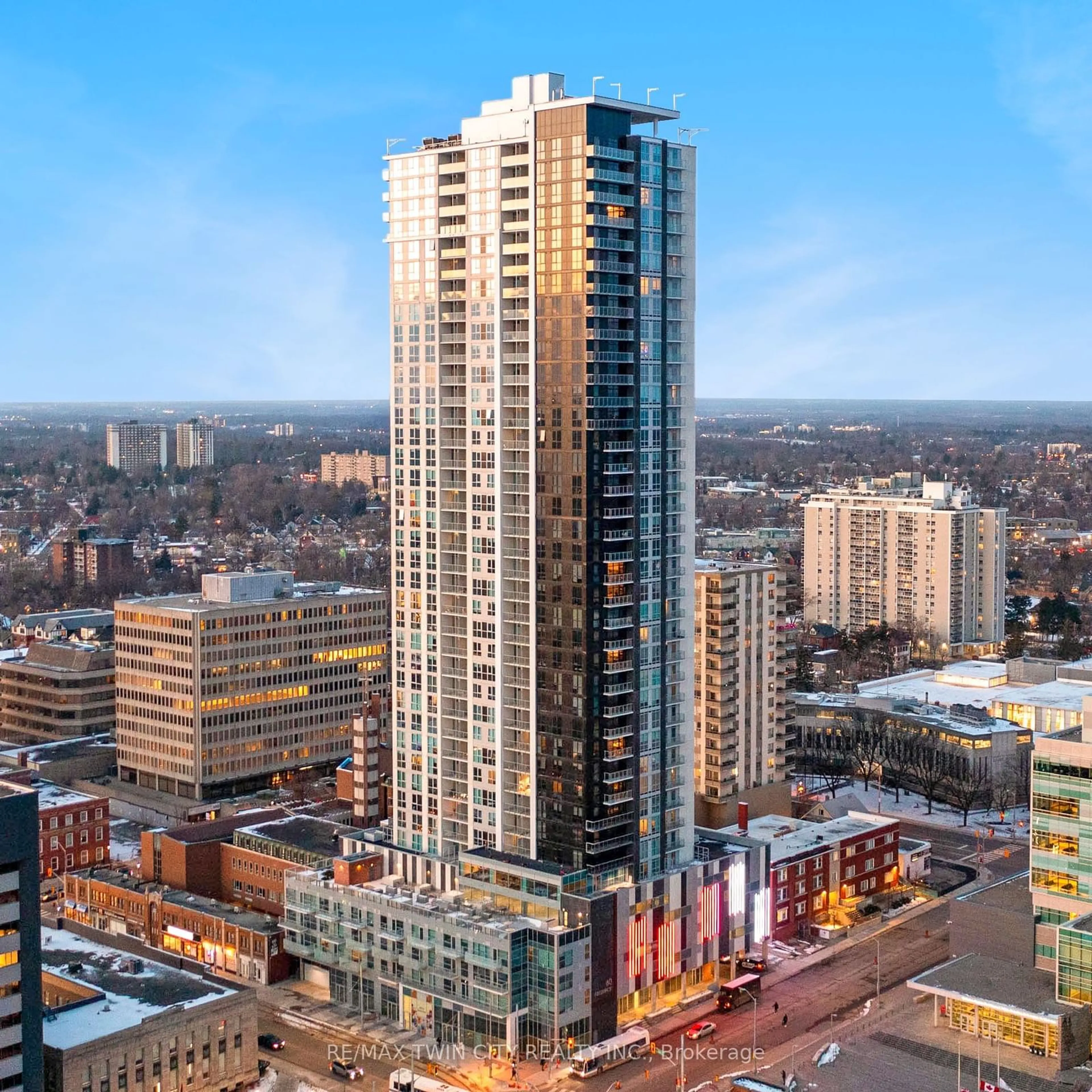 A pic from exterior of the house or condo, the view of city buildings for 60 Frederick St #2910, Kitchener Ontario N2H 0C7