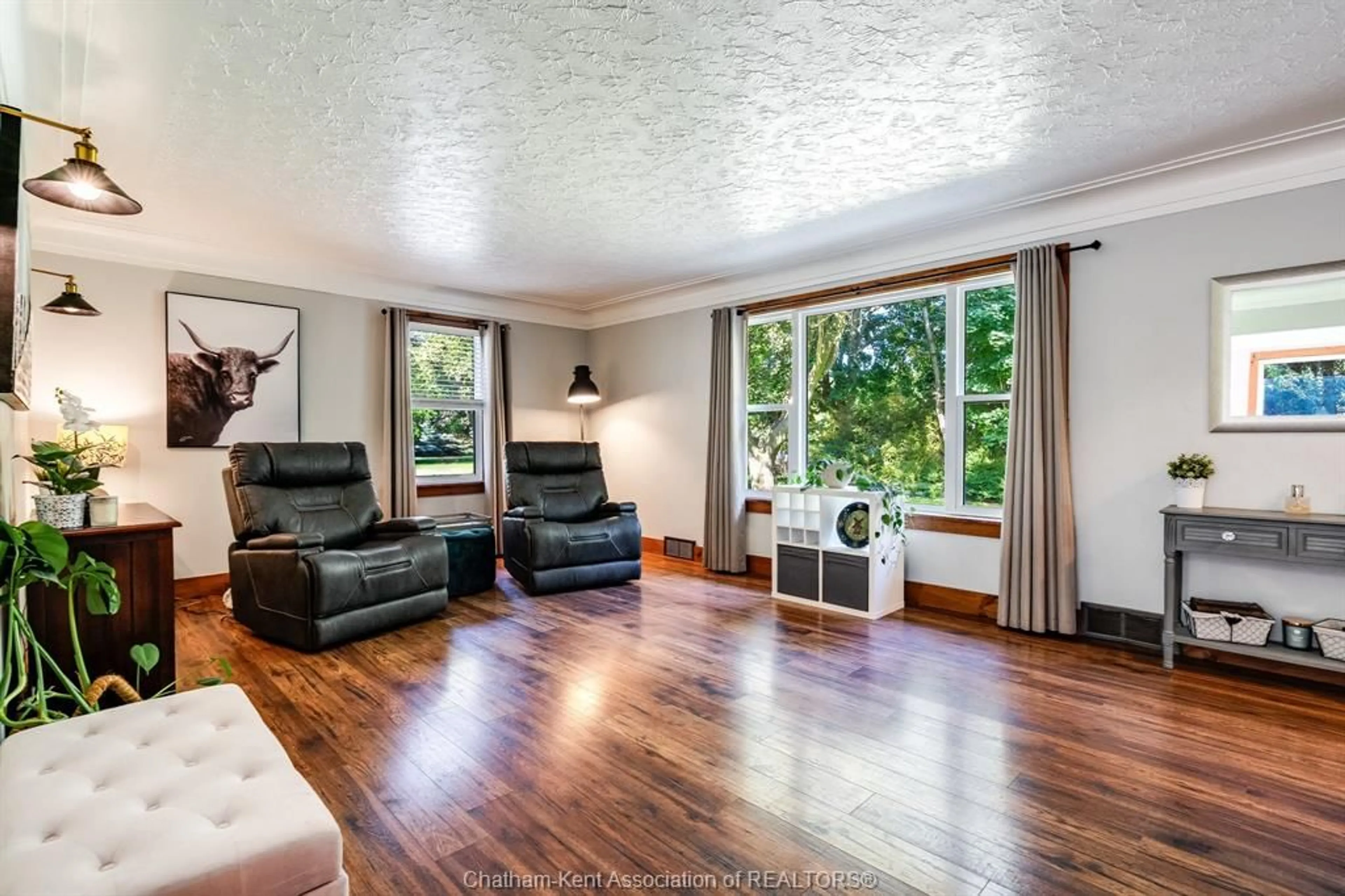 Living room with furniture, wood/laminate floor for 19403 Lagoon Rd, Blenheim Ontario N0P 1A0
