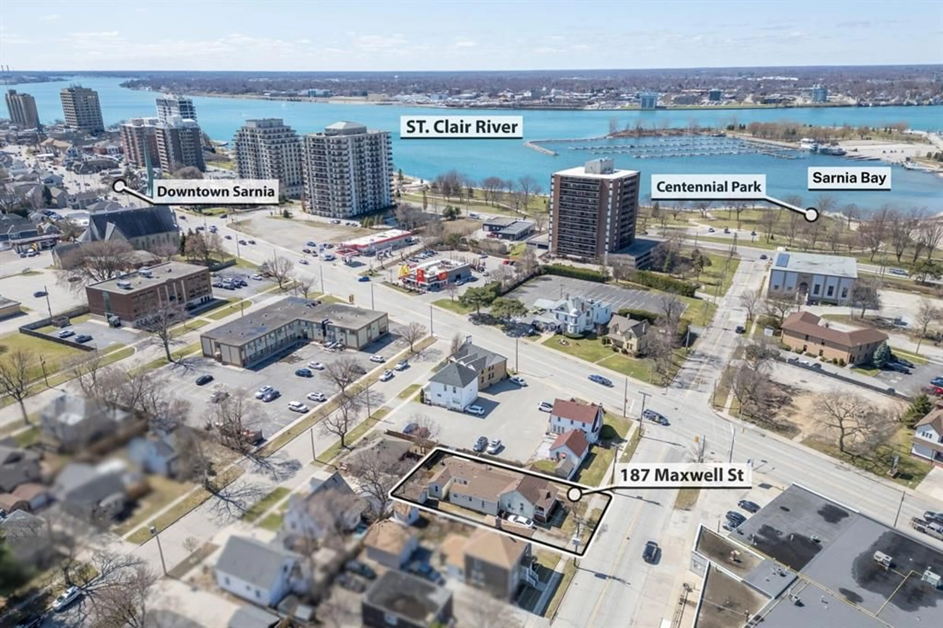 A pic from outside/outdoor area/front of a property/back of a property/a pic from drone, water/lake/river/ocean view for 187 Maxwell St, Sarnia Ontario N7T 5C2