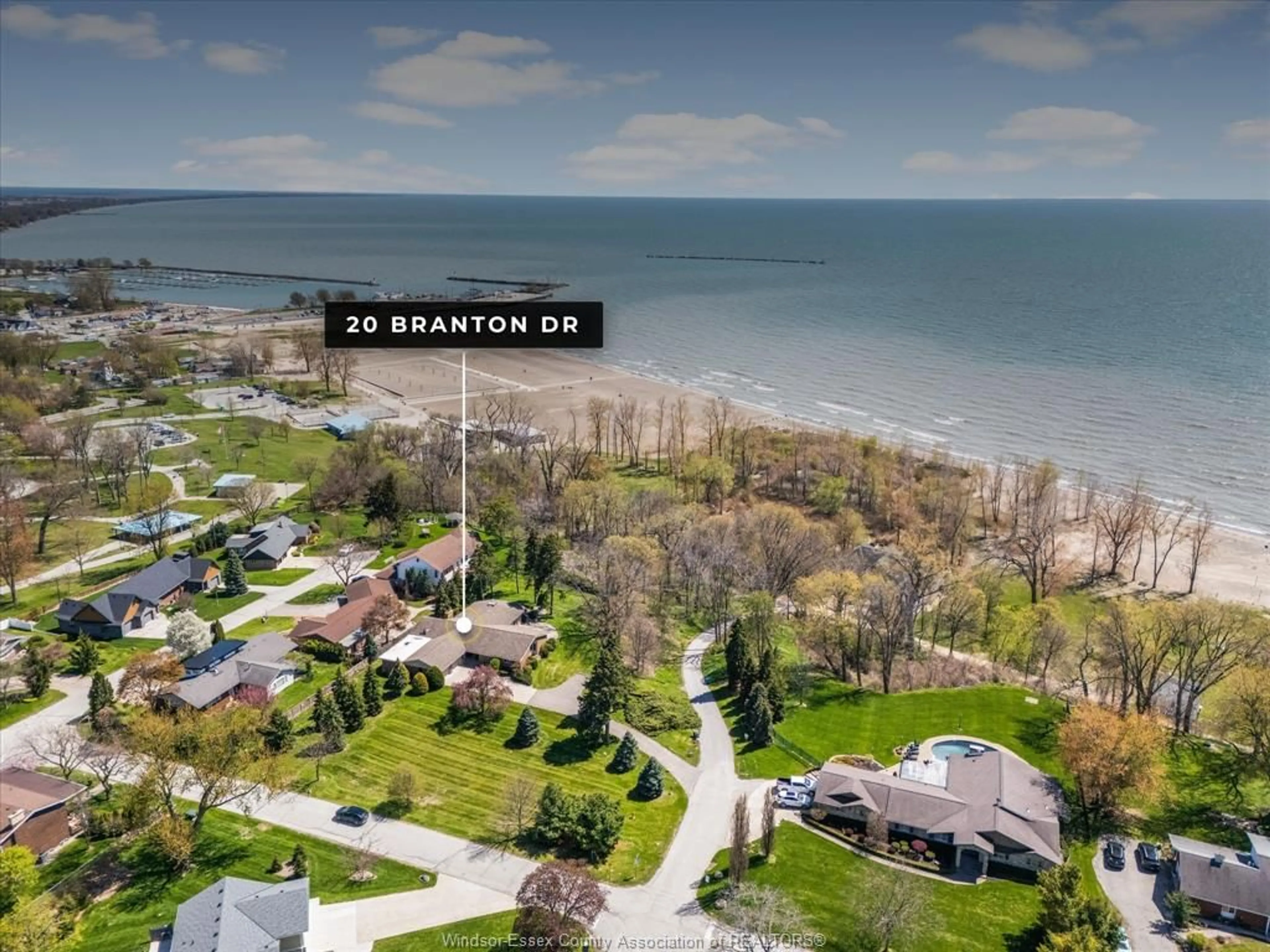 A pic from outside/outdoor area/front of a property/back of a property/a pic from drone, water/lake/river/ocean view for 20 Branton Dr, Leamington Ontario N8H 4A4