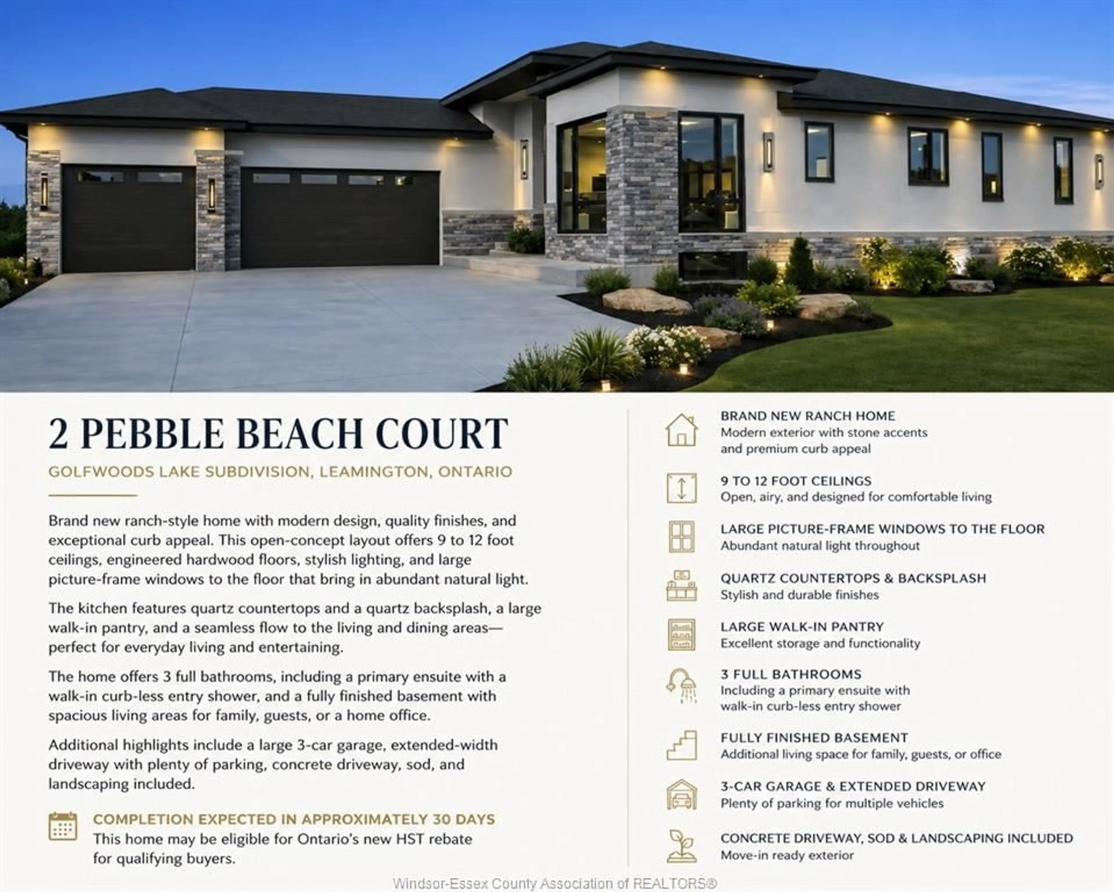 Home with vinyl exterior material, street for 2 PEBBLE BEACH Crt, Leamington Ontario N8H 0G1