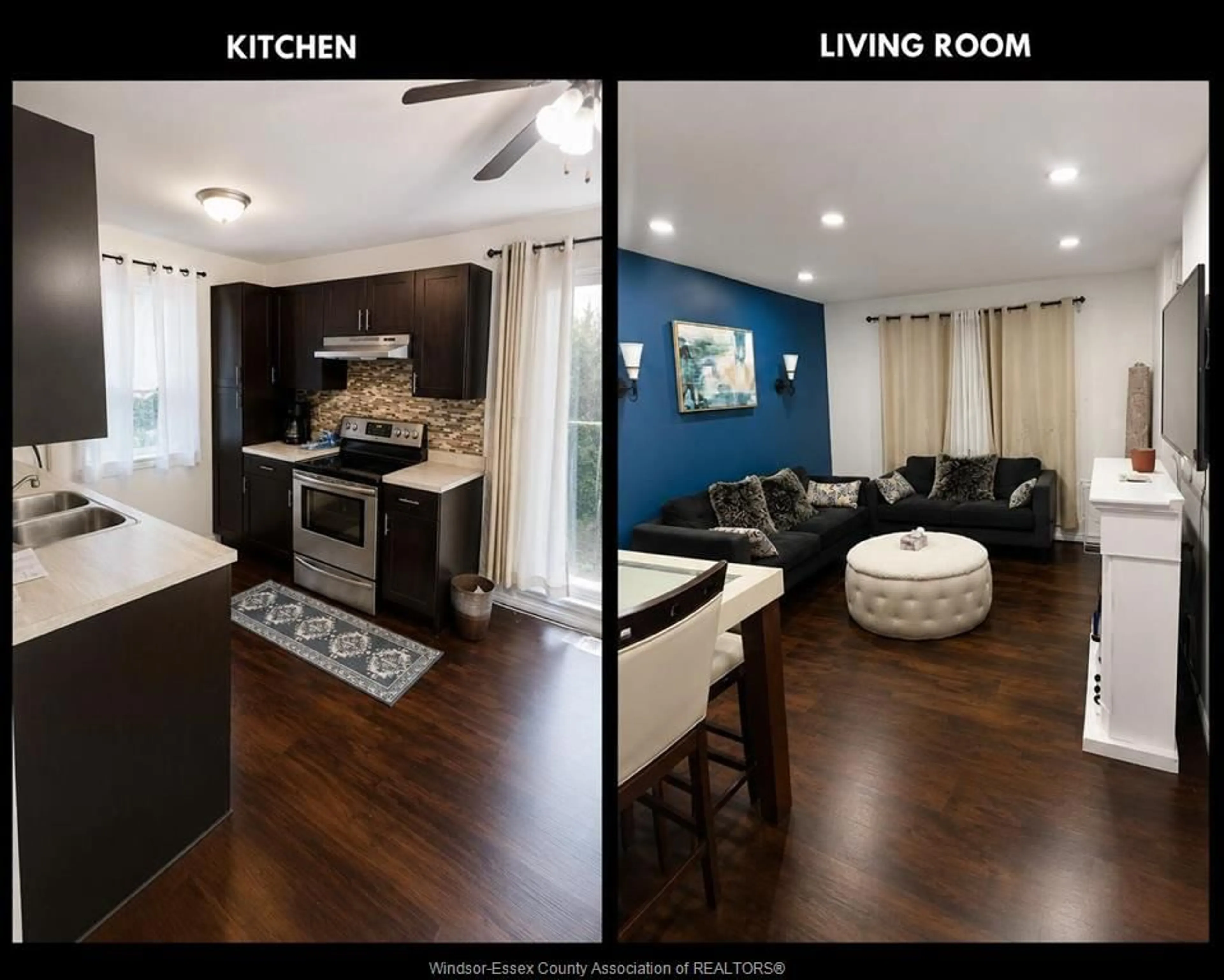 Open concept kitchen, wood/laminate floor for 9370 AIRE Crt, Windsor Ontario N8S 4E6