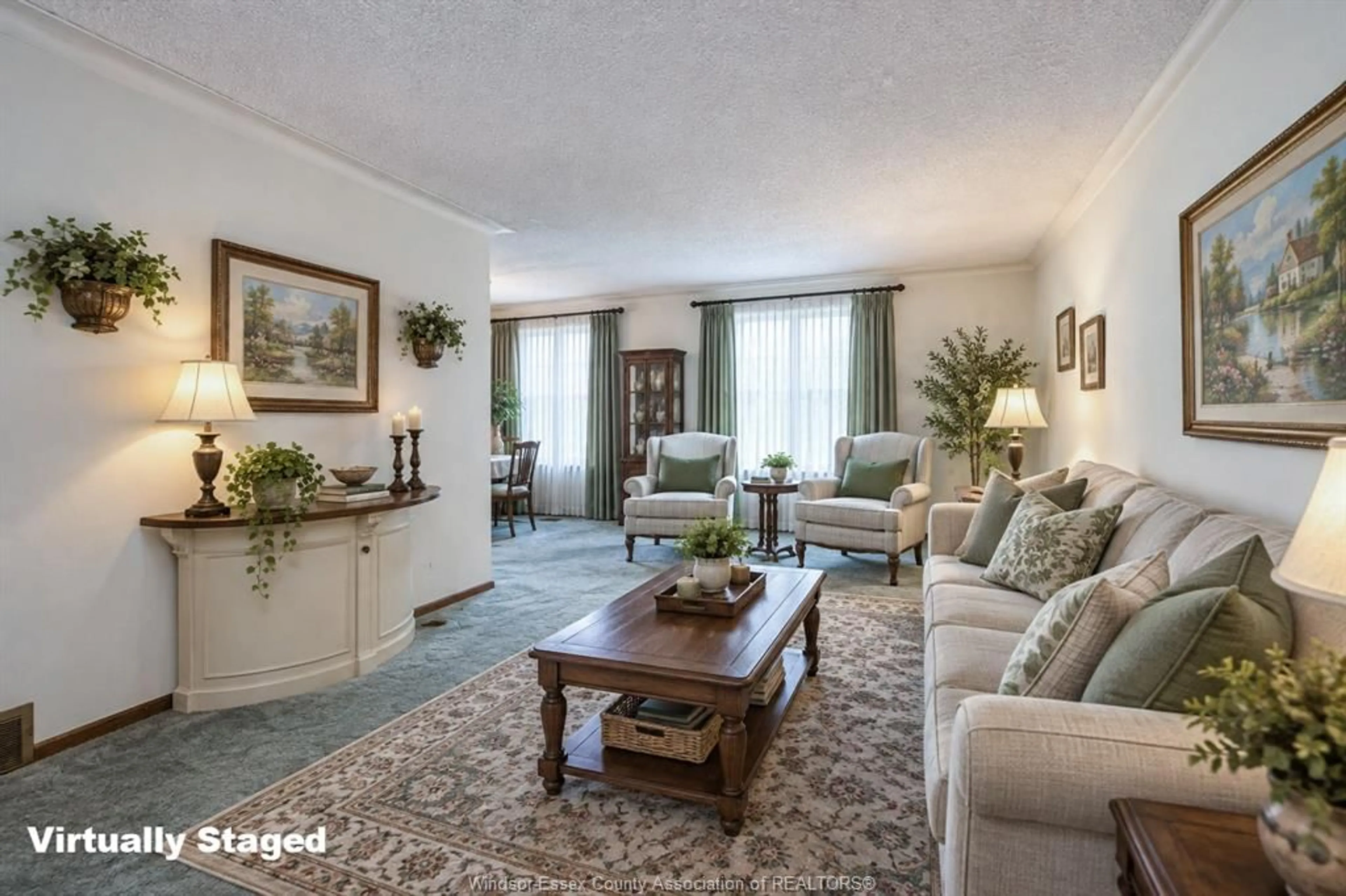 Living room with furniture, carpet floor for 9810 ASGARD Rd, Windsor Ontario N8R 1E2